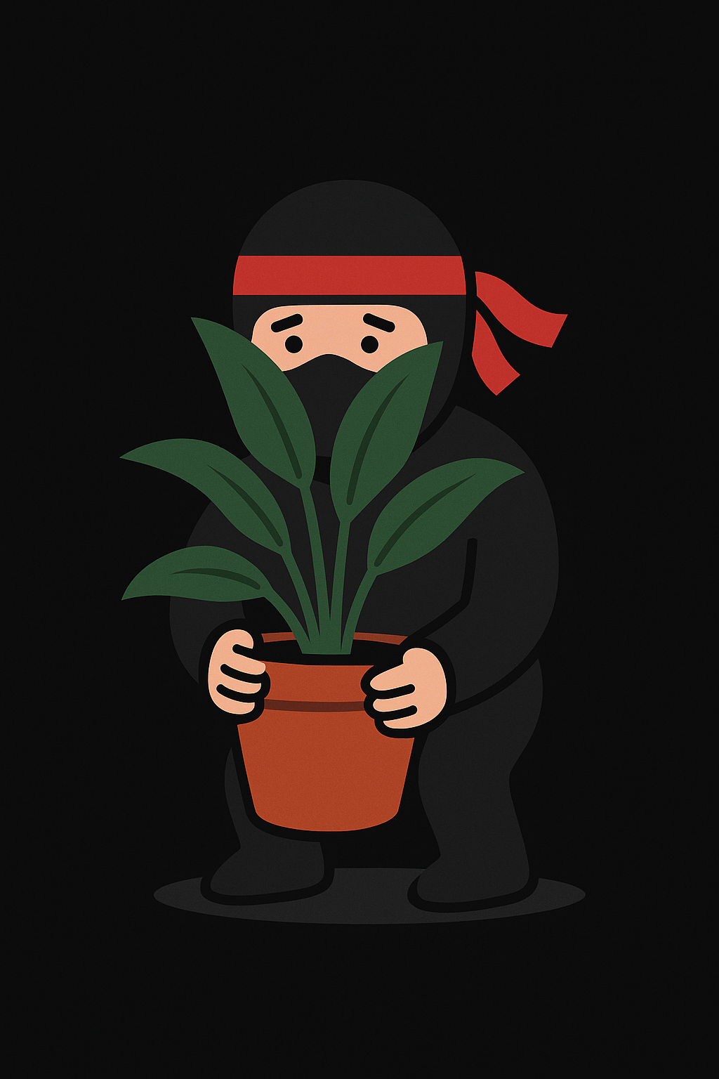 Ninja holding a terracotta houseplant, attempting to hide behind it
